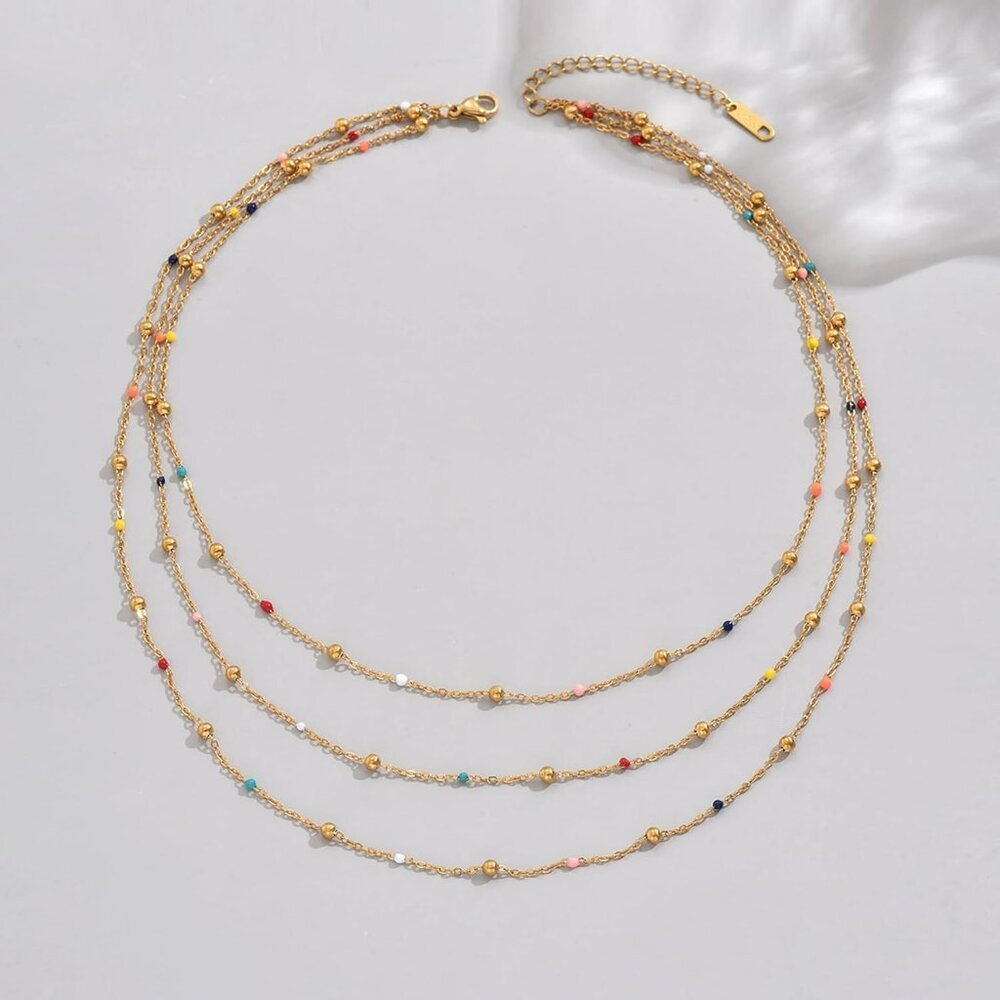 Gold Chain Necklace for Women Dainty 18K Gold Plated Thin Satellite Beaded Turqu - Picture 6 of 7